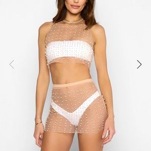 Beach Bunny Glitzy Girl Mesh Pearl Set in Nude (L)